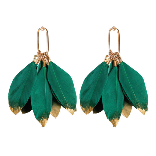 Emerald Gold Dipped Fall Feather Tassel Statement Earrings