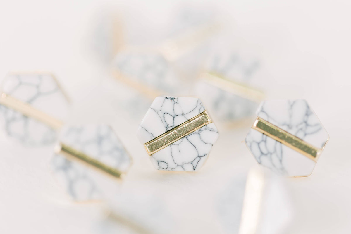 St Armands Designs of Sarasota - White Marble Hexagon Statement Stud Earrings