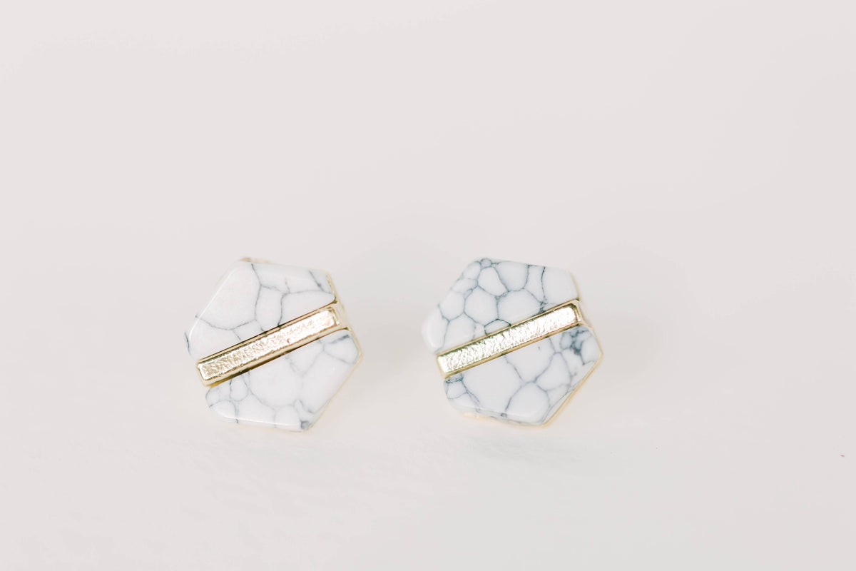 St Armands Designs of Sarasota - White Marble Hexagon Statement Stud Earrings