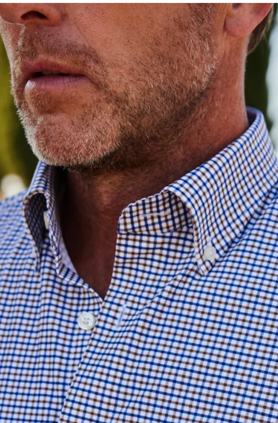 Collars & Co Apex Performance Dress Shirt Oxford Button Down Collar Tobacco & Navy Check