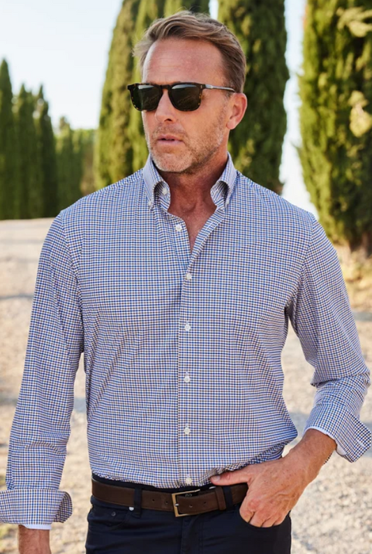 Collars & Co Apex Performance Dress Shirt Oxford Button Down Collar Tobacco & Navy Check