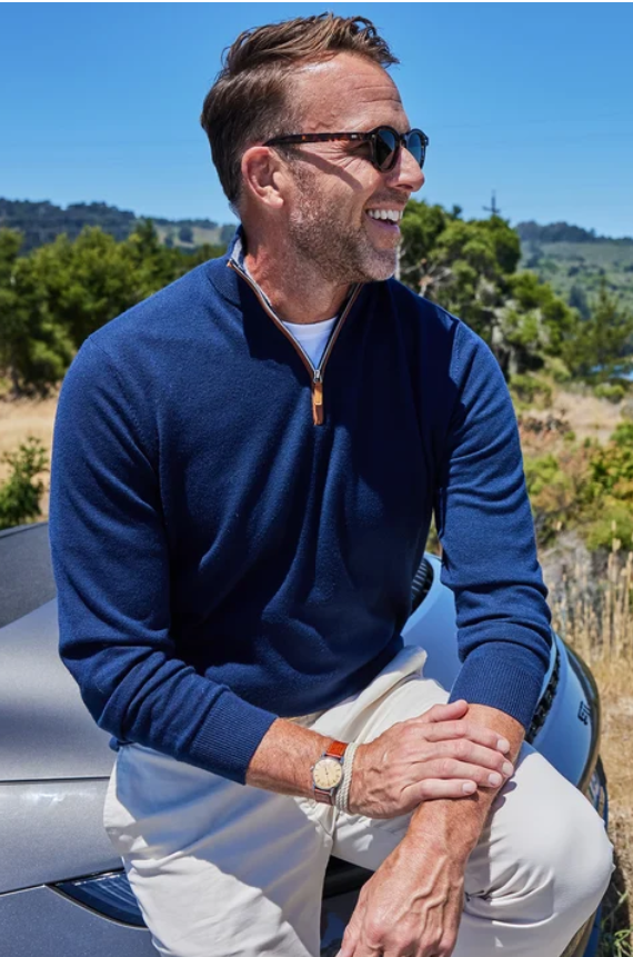Collars & Co Cashmere Touch Australian Merino Quarter Zip Sweater - Navy with Brown Suede Trim