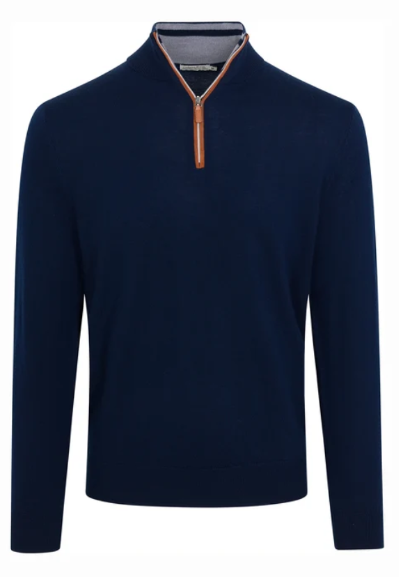 Collars & Co Cashmere Touch Australian Merino Quarter Zip Sweater - Navy with Brown Suede Trim