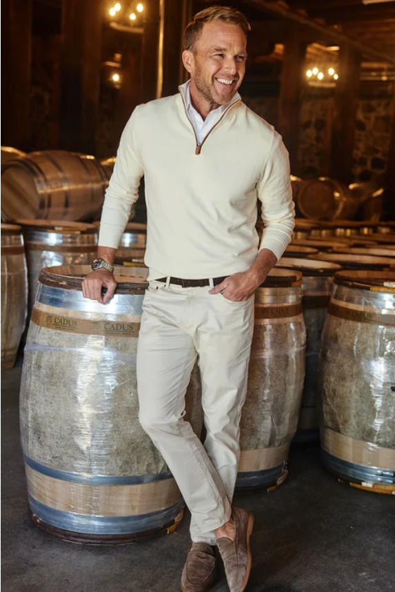 Collars & Co Luxury Touch Cotton and Cashmere Quarter Zip Sweater - Cream with Brown Suede Trim