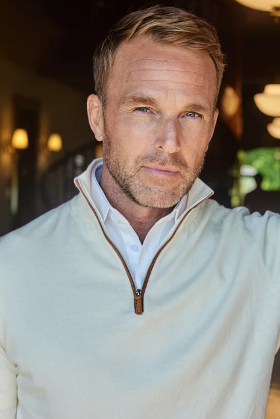 Collars & Co Luxury Touch Cotton and Cashmere Quarter Zip Sweater - Cream with Brown Suede Trim