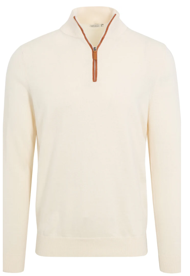 Collars & Co Luxury Touch Cotton and Cashmere Quarter Zip Sweater - Cream with Brown Suede Trim