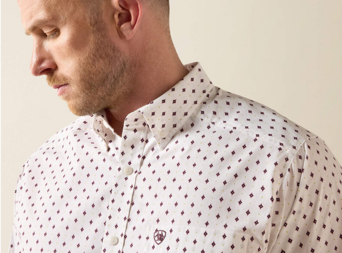Ariat Campbell Classic Fit Shirt - White with Garnet Geometric Print