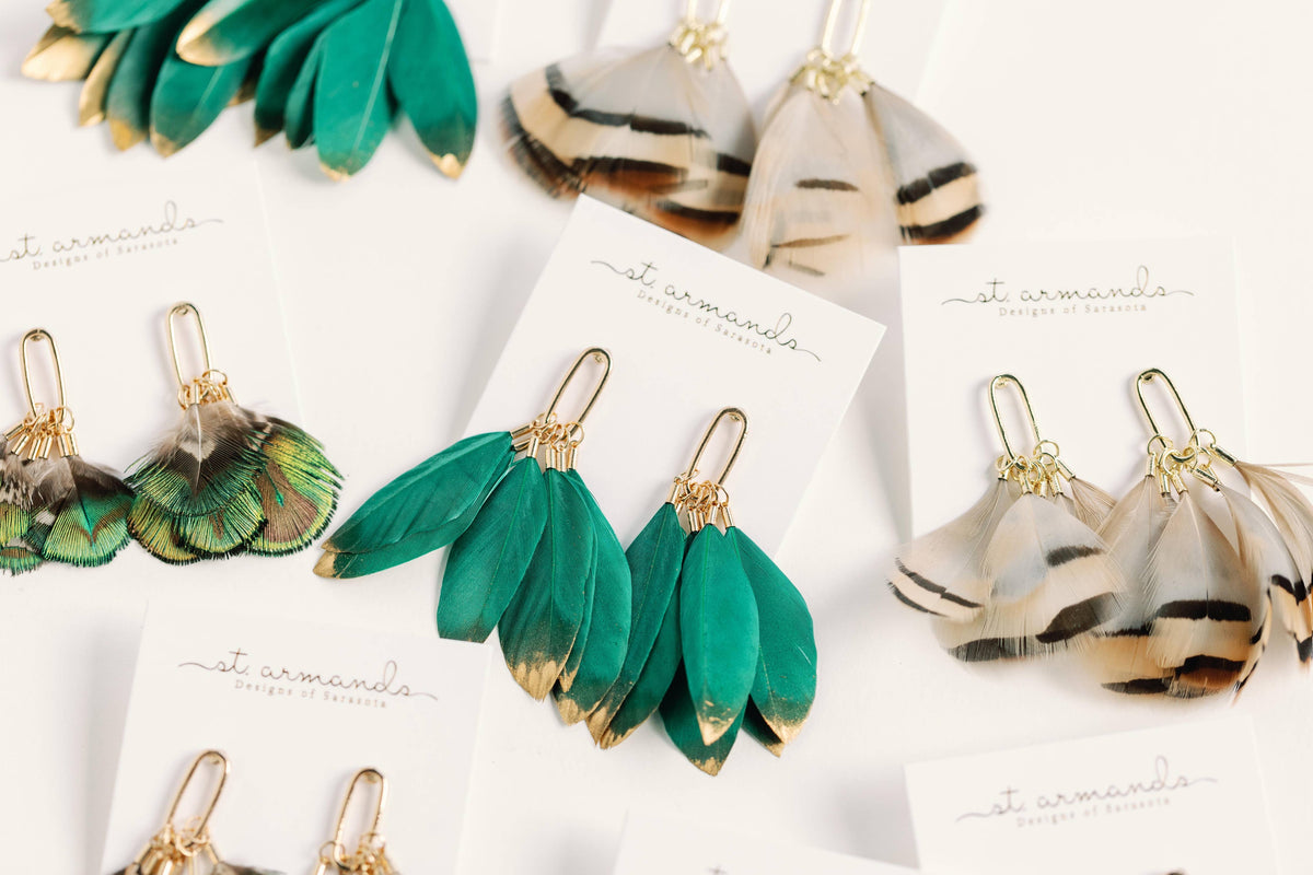 Emerald Gold Dipped Fall Feather Tassel Statement Earrings